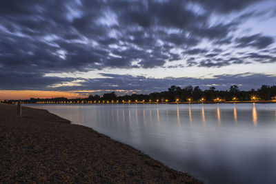 Scenic view of lake against sky at sunset