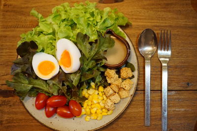Close-up of breakfast served on table