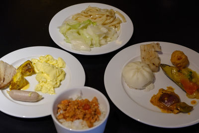 High angle view of food served on table