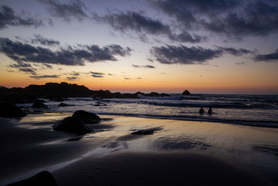 Scenic view of beach against sky during sunset