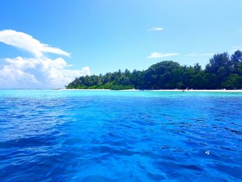 Scenic view of sea against blue sky