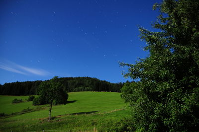 Scenic view of green landscape against sky at night