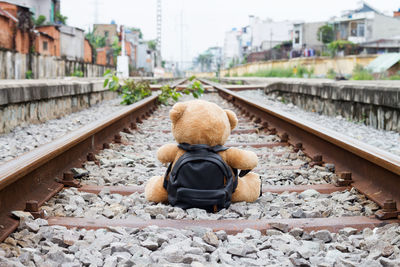 Train on railroad track against sky