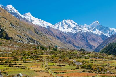 Scenic view of snowcapped mountains against clear blue sky