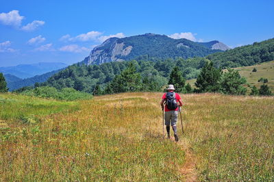 Senior men hiking through the beautiful valley