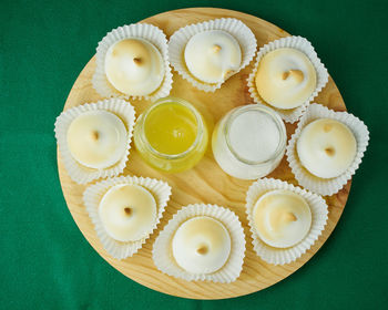 High angle view of cupcakes on table