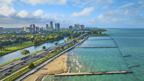 High angle view of buildings in city