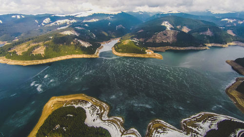 Aerial view of sea and mountains