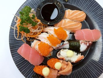 High angle view of sushi served in plate