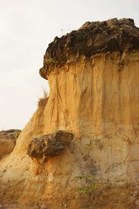 Mushroom-shaped rock formations on mountain against clear sky