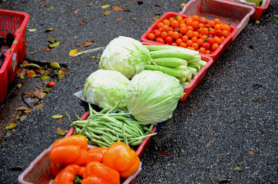 High angle view of vegetables for sale in market