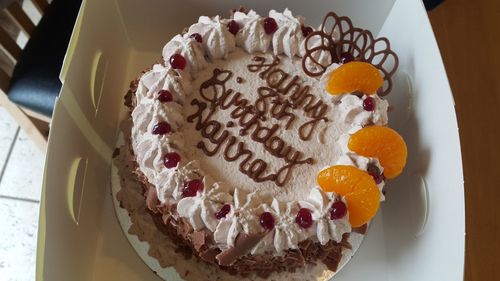 High angle view of cake served on table