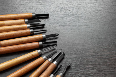 High angle view of colored pencils on table