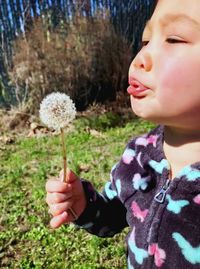 Girl holding dandelion on field