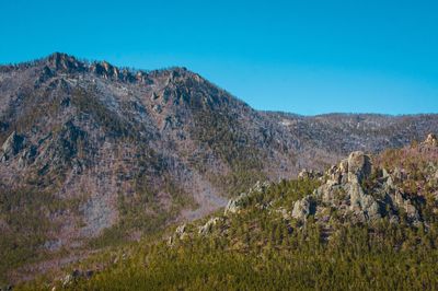Scenic view of mountains against clear blue sky