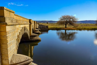 Bridge over river against clear blue sky