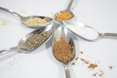 Close-up of spices in spoons