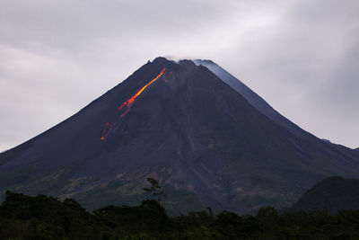 Low angle view of volcanic mountain against sky