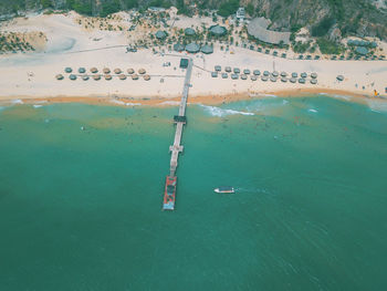 High angle view of ship on sea shore