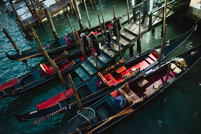 High angle view of boats moored in canal