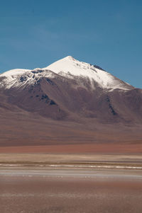 Scenic view of snowcapped mountain against blue sky