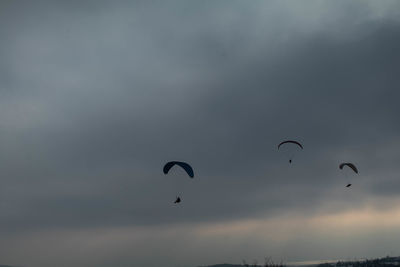 Low angle view of people paragliding against sky