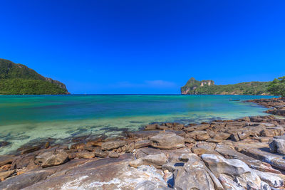 Scenic view of sea against clear blue sky