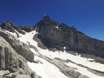 Scenic view of snow mountains against clear blue sky