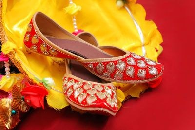 High angle view of multi colored shoes