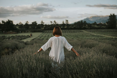 Rear view of woman walking on land during sunset