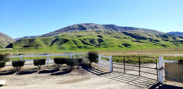 Scenic view of mountains against clear blue sky