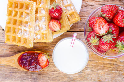 High angle view of breakfast on table