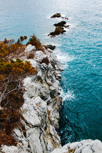 High angle view of rock formation in sea