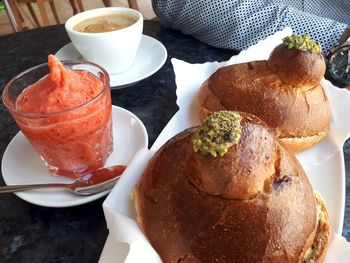High angle view of breakfast served on table