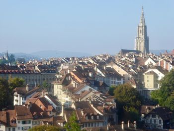 View of cityscape against clear sky