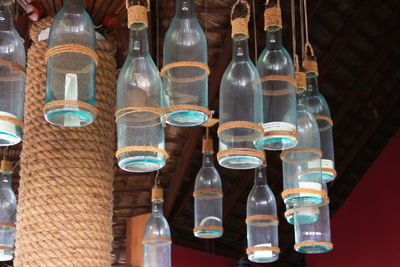 Close-up of wine bottles on table