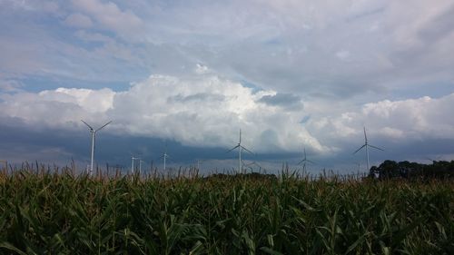 Wind turbines on field against cloudy sky