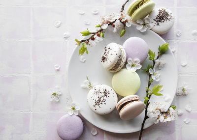 Colorful french macaroons on tile background