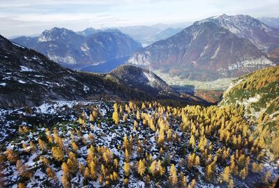 Scenic view of snowcapped mountains against sky