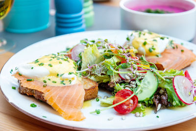 Close-up of breakfast served on table