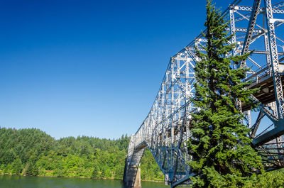 Low angle view of bridge of the gods over columbia river gorge against clear blue sky