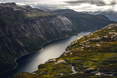 Aerial view of lake by mountain against sky