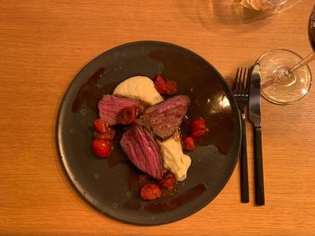 High angle view of ice cream in plate on table