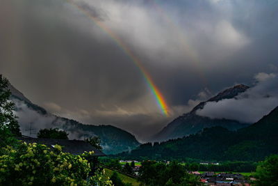 Scenic view of rainbow over mountains against sky