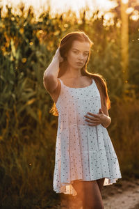 Young beautiful woman in white dress in corn field.