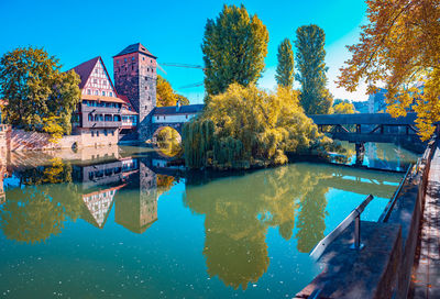 Reflection of trees and buildings in lake against blue sky