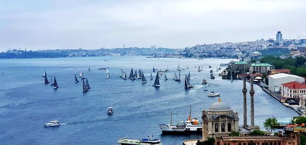 High angle view of boats in sea