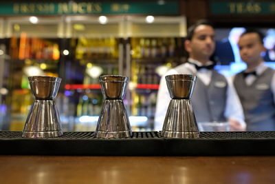 Low angle view of wine glass on table at restaurant