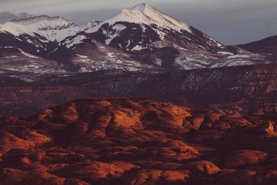 Scenic view of snowcapped mountains against sky during winter