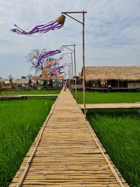 Boardwalk amidst field against sky